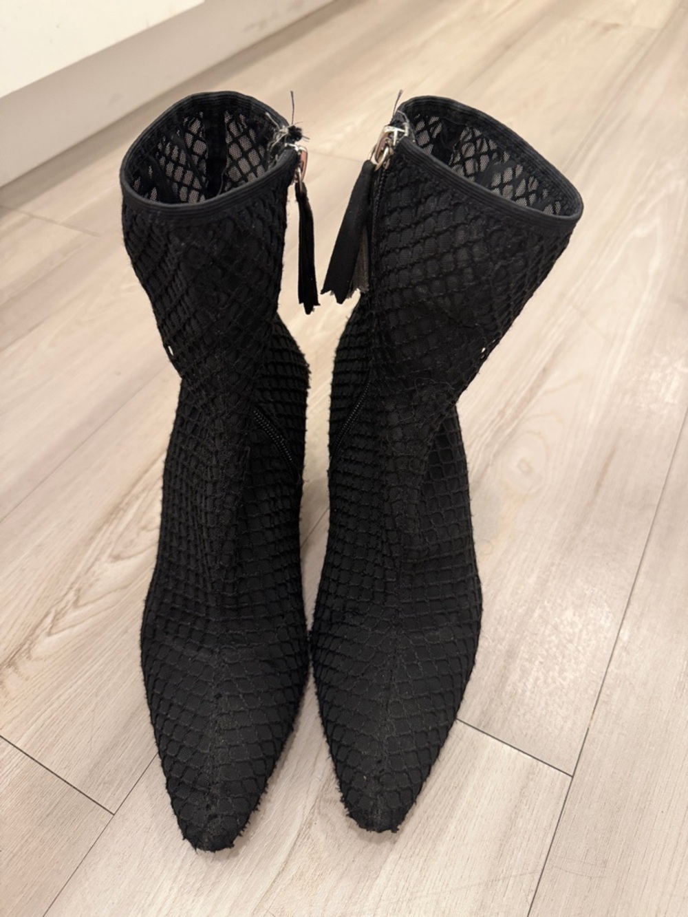 Zara Black Mesh Pointed Ankle Boots with Tassel Back Zipper